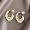 Aretes Irregulares de Metal para Pintura al Óleo para Mujer, Tapones para Orejas de Perla de Imitación, Diseño de Nicho, Joyería Elegante Estilo Coreano