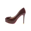 En stock nuevos tacones altos de color nude francés, suela roja, lazo, para mujer, impermeables, plataforma, punta redonda, tacón de aguja, boca poco profunda, etiqueta, individuales