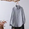 Moda Otoño 2024 Estilo Fresco Camisa de Manga Larga de Botones a un Lado con Rayas Verticales para Mujer Informal Holgada Top Artístico