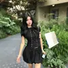 Blusa preta ombro a ombro com acinturamento, manga bufante e efeito emagrecedor para mulheres, top curto de verão, conjunto de saia curta tipo tulipa e calça pretos