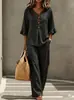 Conjunto de Dos Piezas para Mujer de Comercio Exterior Transfronterizo Europeo y Americano: Blusa Casual Nueva con Botones, Cuello en V, Volantes y Mangas de Tres Cuartos con Pantalones Largos