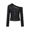 UNBDNS nicho diseño de alta gama retro elegante asimétrica de un solo hombro manga media camisa chaqueta de mezclilla para mujer
