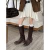 Botas de Cano Alto Plissadas com Pelo Grosso e Salto Grosso, Bico Redondo, Couro de Vaca Macio Gigante com Costura, Fivela de Cinto, Botas de Cavaleiro para Mulheres, Novidade Outono/Inverno 2025