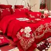 Juego de Cuatro Piezas Rojo Grande Estilo Chino Bordado de Dragón y Fénix para Boda Sábana de Rizo tipo Dote para Boda Colcha Ropa de Cama