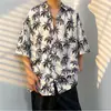 Camisa Floral Retrô Vintage Estilo Hong Kong, Manga Curta Estilo Tailandês-Havaiano, Camisa Elegante e Descolada de Corte Amplo