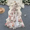 Vestido con tirantes de cuello halter y hombro inclinado con estampado floral tridimensional atmosférico para mujer, cintura francesa pura, falda floral con abertura de temperamento