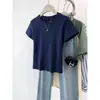 Camiseta Feminina de Algodão Puro Marrom com Ombro Normal, Manga Curta, Verão 2026, Cor Sólida, Petite, Algodão Puro, Corte Slim, Blusa que Valoriza o Corpo