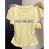 Camiseta corta de manga corta color amarillo ganso, cuello en V, fruncido en la cintura, para mujer, verano, adelgazante en los hombros delanteros, top rejuvenecedor