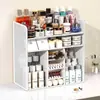 Prateleira de armazenamento de cosméticos, organizador de ferramentas de maquiagem, penteadeira com compartimentos integrados e múltiplos níveis