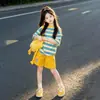 Conjunto Casual Rayado de Verano Nuevo para Niñas Mayores, Elegante Conjunto de Top de Manga Corta Rayado y Shorts, Conjunto Versátil para el Día a Día