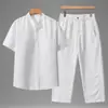 Camisa de Lino Tencel Camisa de Manga Corta para Hombre Pantalones de Lino Conjunto de Moda Casual Tendencia