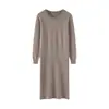 Otoño Invierno Cuello Redondo 100% Lana Tejido de Punto Canalé Vestido Falda Largo Mujer Adelgazante Holgado Capa Base Vestido de Lana