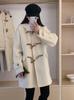 Huanghuang 2025 Outono/Inverno Novo Casaco Duffle de Lã Dupla Face Estilo Coreano com Capuz, Modelagem Solta, Costurado à Mão para Mulheres Petite