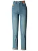 9230 Jeans de corte cropped con estampado para rizar para mujeres de mediana edad, pantalones de pierna doblada versátiles, moda primavera y otoño, pantalones tipo lápiz mom
