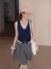 Chaleco de Punto Francés con Cuello en V y Botones Sin Mangas Verano Capa Interior Ropa Exterior Único Hermoso Corto 10571