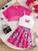 Comércio Exterior Roupas Infantis Conjunto de Verão para Meninas Doce Blusa Rendada + Colete de Alça Borboleta + Saia Conjunto de Três Peças