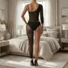 Body asimétrico de malla para mujer de comercio exterior, de un solo hombro, manga larga, una pierna, lencería sexy transparente con estampado de leopardo