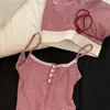 Conjunto de Pijama Listrado Vermelho Estilo Coreano Feminino Verão Top Regata Shorts Reto Solto Nicho Estilo Primavera e Outono