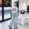 Conjunto de Ropa de Verano para Niñas 2026 Nuevo Estilo Niños Elegante Camiseta de Manga Corta Verano Niña Graffiti Pantalones Anchos Finos