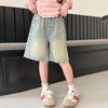 Shorts Jeans Feminino de Verão Finos Largos Retrô Desgastado Patchwork Casual Reto Emagrecedor Perna Larga