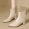 Botas de Moda de Cuero Otoño/Invierno con Cremallera Trasera y Tacón Grueso, Nuevas 2026, Escote Bajo, Punta Fina, Retro, Tacón Medio, Versátiles para Mujer