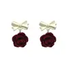 Brincos de flor vermelha com flocagem feminino Prata S925 Laço Design de nicho Clipe de orelha sem furos Joias da moda