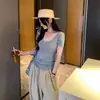 Foto Real de Camiseta Fina Semi-Transparente de Manga Corta con Cuello en U, Ajuste Delgado, Fruncida, de Lyocell Tencel para Mujer, Verano 2026, Top Delgado que Reduce la Edad