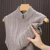100% lana australiana, 525 gramos, extra grueso, color liso, cárdigan de punto trenzado con cremallera, para hombre, con bolsillos reales, suéter de lana sin mangas