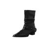 Botas vaqueras plisadas de cuero con patrón de cocodrilo, estilo europeo y americano, 2026, tacón medio grueso, punta cuadrada pequeña, botas cortas de media pantorrilla sin cordones para mujer
