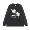 Camiseta preta de manga curta, lavagem vintage, peso pesado, com estampa de retrato em preto e branco, camiseta anime versátil unissex