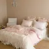 Colcha de cama de renda de algodão estilo francês, conjunto de quarto de quatro peças com estampa floral romântica e flores tridimensionais, perfeito para meninas