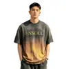Camiseta de Manga Corta Degradada Desgastada de Suministro Directo Transfronterizo, Camiseta Vintage para Hombre con Estampado de Borde Deshilachado, Camiseta de Algodón Puro de Alto Gramaje