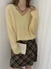 Suéter de tricô Nuoji JijiCloud-soft de lã cashmere escovada com decote V e mangas compridas para mulheres, outono e inverno, suéter pullover de cor sólida