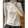Camiseta feminina de manga curta de lã misturada de primeira linha, gola redonda solta, malha de meia manga, camiseta fina de primavera e verão