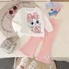 Conjunto de Sudadera de Manga Larga con Cuello Redondo y Estampado de Gato de Dibujos Animados Lindo para Bebés + Pantalones Acampanados de Microfibra de Crepé