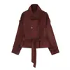 Chaqueta versátil con cinturón de estilo europeo y americano transfronterizo, con textura similar al ante, top casual de doble botonadura para mujer
