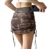 Saia de Yoga de Renda Tie-dye de Cintura Alta com Efeito Emagrecedor para Mulheres, Saia de Quadril Anti-exposição, Saia Esportiva Sexy com Cordão de Verão