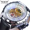 Jaragar Reloj Mecánico Semi-Automático para Hombre de Negocios Casual Europeo y Americano Esfera Grande Hueca de Cristal Azul Blanco