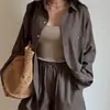 Conjunto de Moda Verão Europeu e Americano Transfronteiriço 2026 Casual Simples Estilo Resort Camisa de Manga Longa Cor Sólida Cardigan Shorts