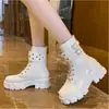 Botas Nuevas para Mujer de Media Pantorrilla 2026, Comercio Exterior, Petites, Tacón Grueso, Suela Gruesa, Hebilla de Cuero Decorativa, Estilo Británico, Con Cordones, Botas Martin