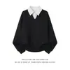 Sudadera con cuello de camisa a rayas de dos piezas falsas para hombre, jersey de otoño, negra, corta, holgada, estilo universitario, top elegante de manga larga