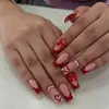 Novas unhas postiças quadradas de comprimento médio, estilo europeu e americano, vermelhas, estilo francês, com laço 3D, elegantes, atacado
