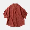 Camisa de Algodão e Linho de Manga Curta com Processo de Estampa em Silk Screen, Top Solto Leve e Transparente Verão 2025
