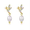 Pendientes de circonita personalizados estilo INS transfronterizos europeos y americanos, pendientes colgantes de perla con hoja de moda, accesorios para la oreja de diseño nicho