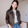Jaqueta de Couro Vintage Desgastado Haining 2025 Primavera & Outono Feminina Estilo Curto Gola de Motociclista Moda Casual Jaqueta de Couro