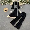 Conjunto de dos piezas de cárdigan de punto de estilo casual y pantalones de pierna ancha para mujer, atuendo adelgazante para el commute de otoño, conjunto de tres piezas de suéter