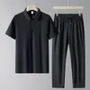 Estilo Verão Novo Polo de Seda de Gelo Masculino de Manga Curta Ternos para Meia-Idade e Idosos Casual de Negócios Ternos de Pai Calças de Seda de Gelo