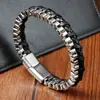 Pulseira Trançada de Couro Preto e Corda de Couro de Boi com Corrente de Aço Inoxidável de Camada Dupla para Homens Pulseira de Couro Multicamadas Feita à Mão