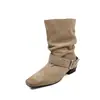 Botines cortos de moda estilo británico de 3.5 cm con fruncidos, nuevo modelo otoño e invierno 2026, punta cuadrada, tacón grueso, hebilla de cinturón, botas vaqueras para mujer