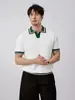 Camisa Polo Masculina Casual de Verão com Gola V e Costura Contrastante, Fresca e Respirável, Manga Curta em Seda Gelada